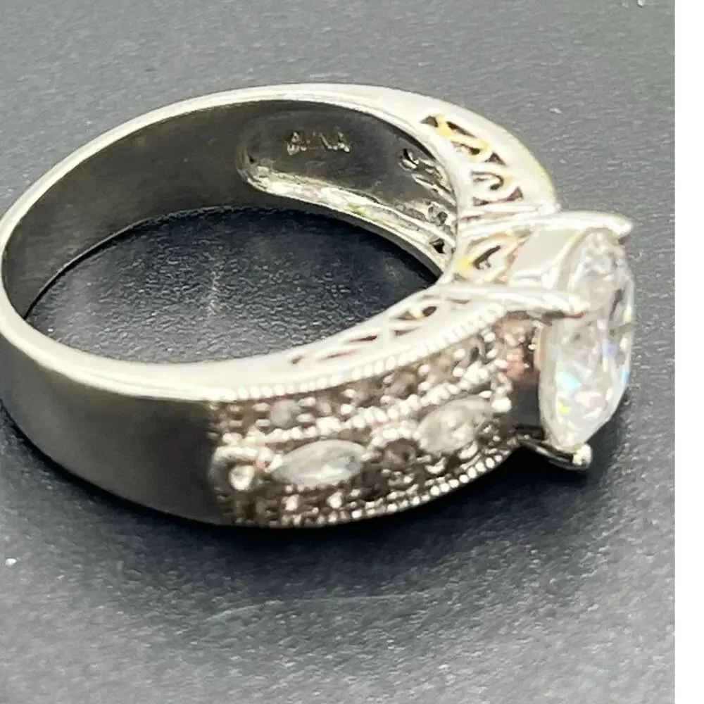 PP Signed 925 Sterling Silver Large Round CZ Engagement Promise Ring Sz‎ 9.5